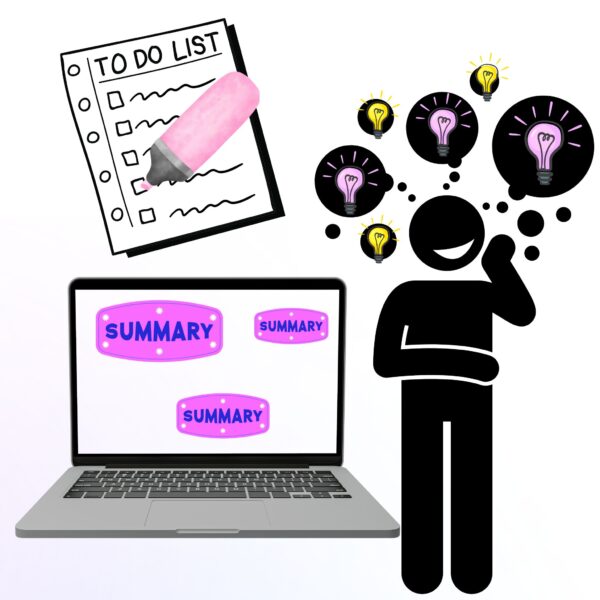 AI Summarizer illustration: person with ideas, to-do list, and a laptop displaying summary labels.