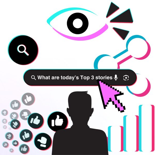 AI Summarizer transforming top stories and dense online content into shareable, bite-sized insights with social media icons and search bar.