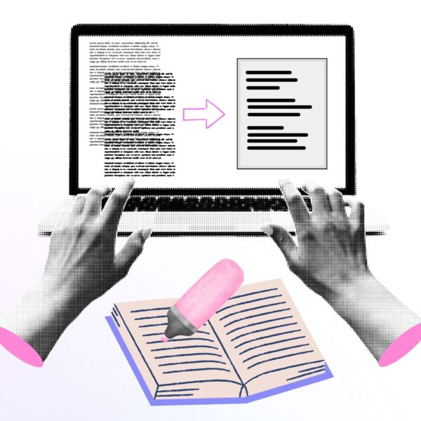 Hands using a laptop with an AI Summarizer converting a block of text into a concise summary, next to a highlighted book.
