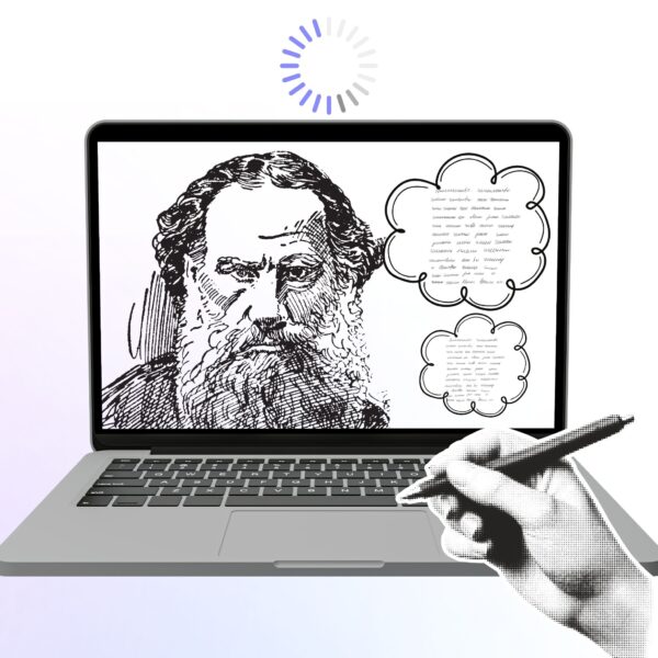 Best AI for Creative Writing – drawing of Leo Tolstoy on a laptop screen with a digital hand writing ideas