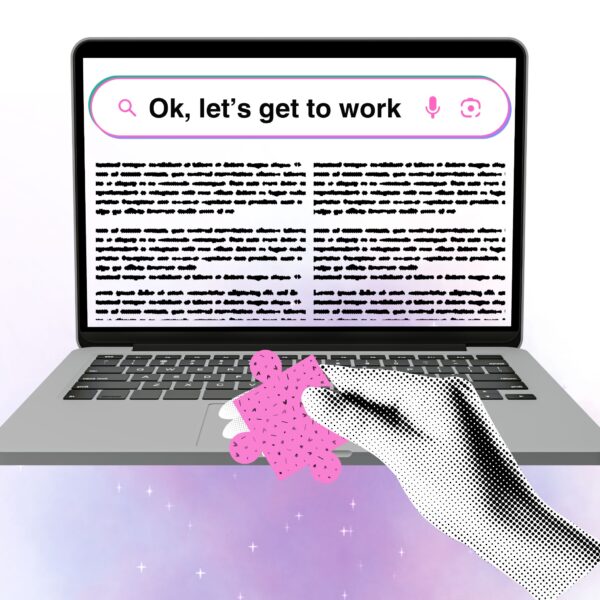 Best AI for Creative Writing – hand placing a pink puzzle piece on a laptop with “Ok, let’s get to work” on screen