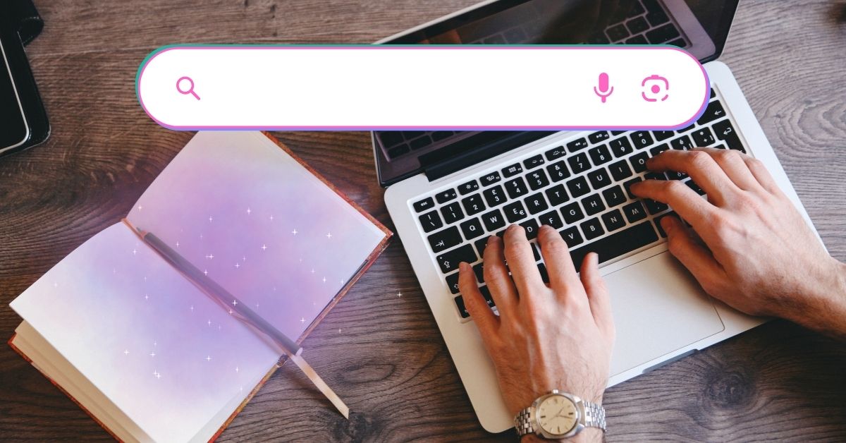 Choosing the Best AI for Creative Writing – hands typing on laptop with notebook and search bar graphic