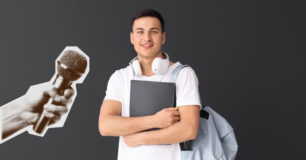 Student with headphones and backpack holding a notebook, representing the best AI for school tools and student reviews.
