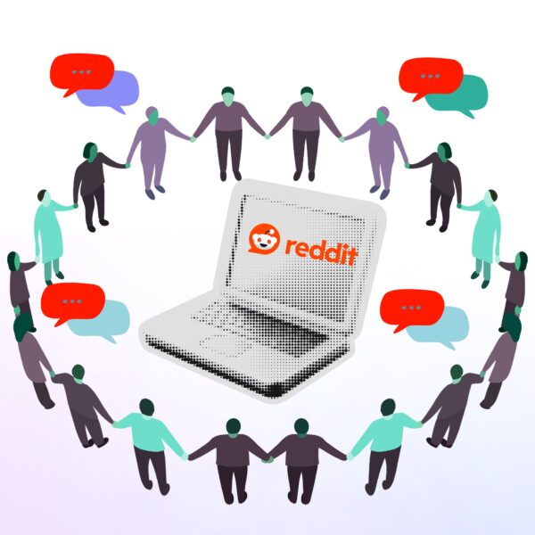 Illustration of a diverse student community encircling a laptop with the Reddit logo, representing peer advice and reviews for the best AI for school.