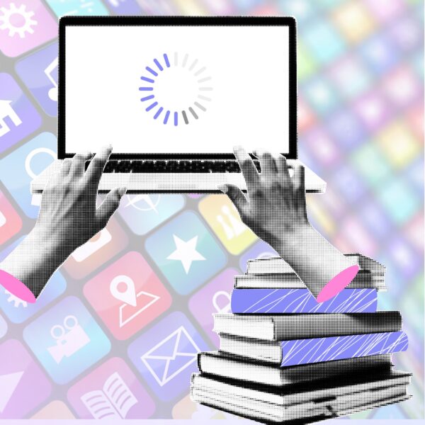 Hands typing on a laptop stacked on books, with a loading icon and colorful app icons in the background, representing the best AI for school tools and digital learning.