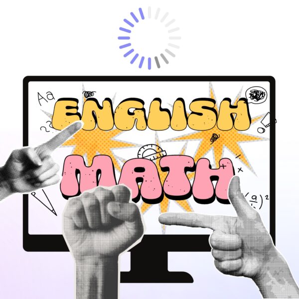 Hands pointing at and highlighting “English” and “Math” on a computer screen, symbolizing how the best AI for school can help with multiple subjects using Aurora Slides.