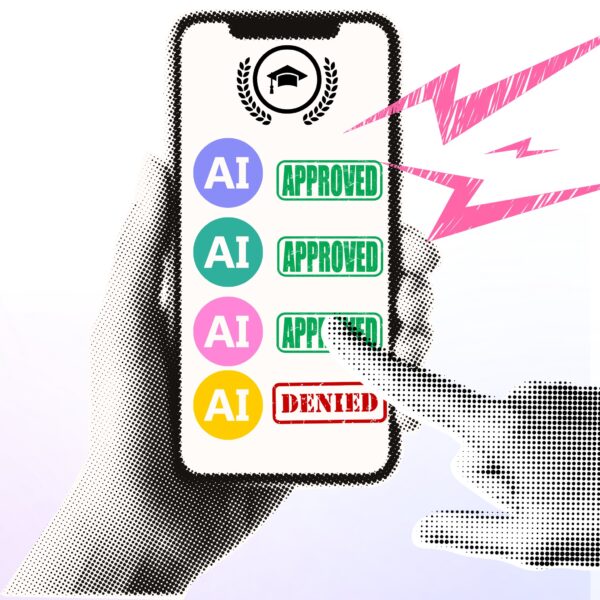 Illustration of a hand selecting approved and denied AI tools on a phone screen, representing how schools vet the best AI for school use.
