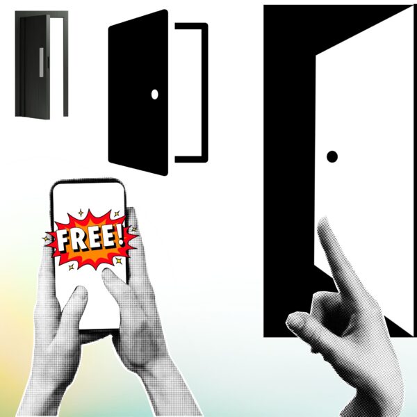 Hand pointing at an open door and a smartphone displaying “FREE!” symbolizing access to free stuff for college students