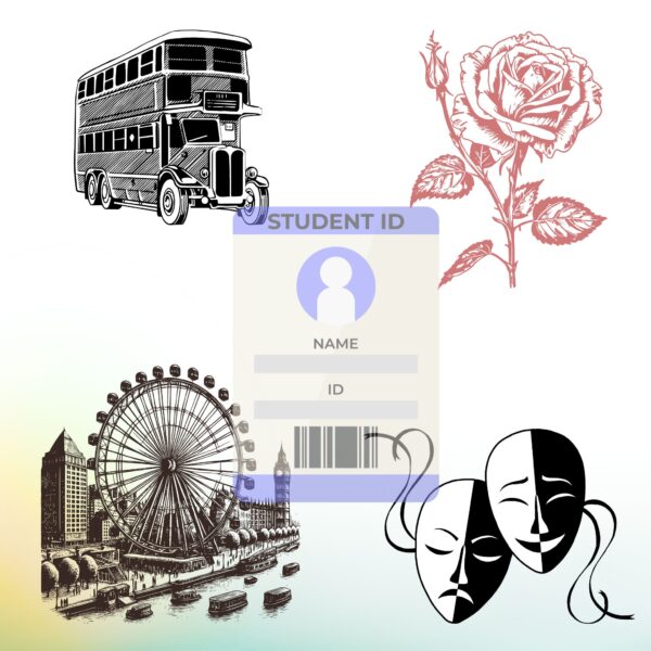 Student ID card surrounded by icons of a double-decker bus, theater masks, a rose, and a ferris wheel, representing free stuff for college students in transit, arts, and entertainment