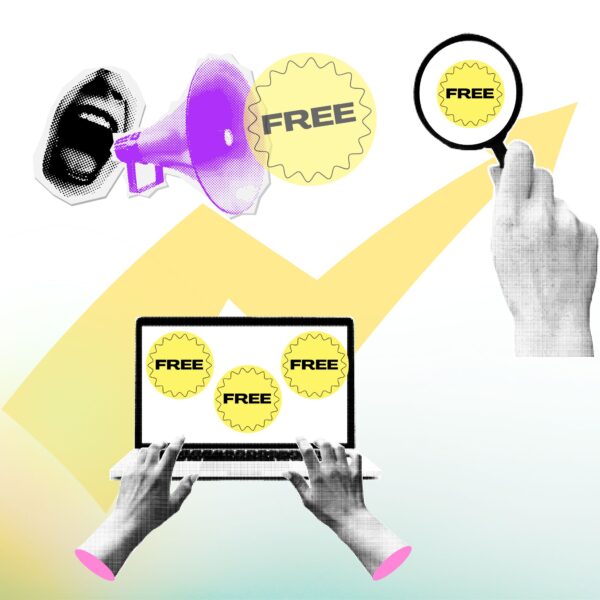 Collage of a laptop, megaphone, magnifying glass, and “FREE” badges illustrating how to get free stuff for college students