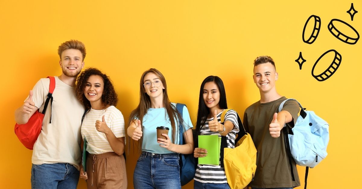 Diverse group of college students smiling and giving thumbs up with backpacks, representing free stuff for college students