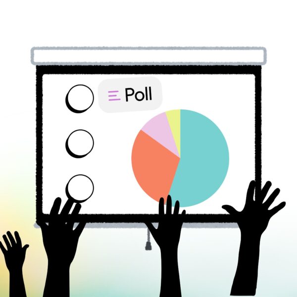 Hands raised in front of a presentation screen displaying a poll and pie chart, illustrating interactive presentation techniques.