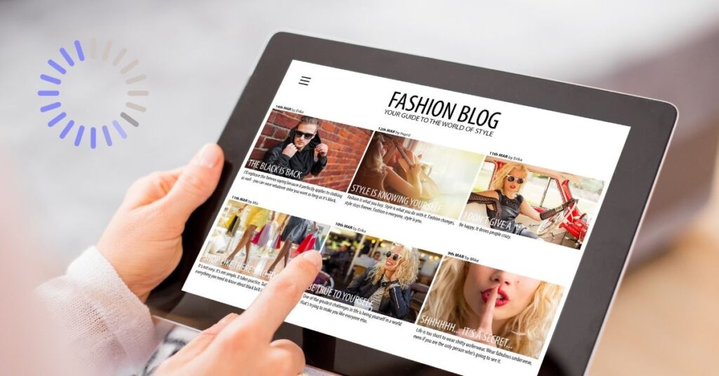 Person browsing a fashion blog on a tablet, illustrating the start of turning blog posts into a slide deck.