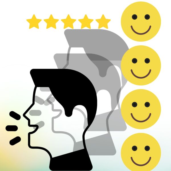 How to retain clients – person giving a positive referral with happy faces and five-star rating
