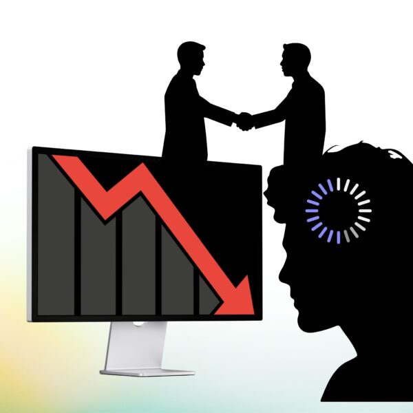 How to retain clients: handshake above declining graph and human profile, symbolizing the importance of relationships in client retention