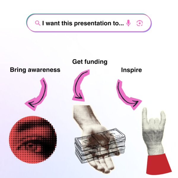 Slide deck visual showing options to bring awareness, get funding, or inspire, with icons and arrows representing audience outcomes.