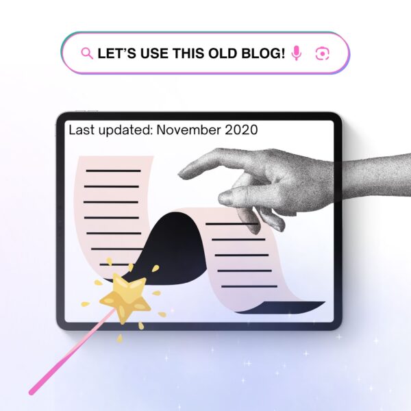 Hand transforming an old blog post into something new with a magic wand, symbolizing turning content into a slide deck.